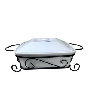 Banquet White Ceramic Casserole Baking Dish with Lid & Scrollwork Metal Stand
